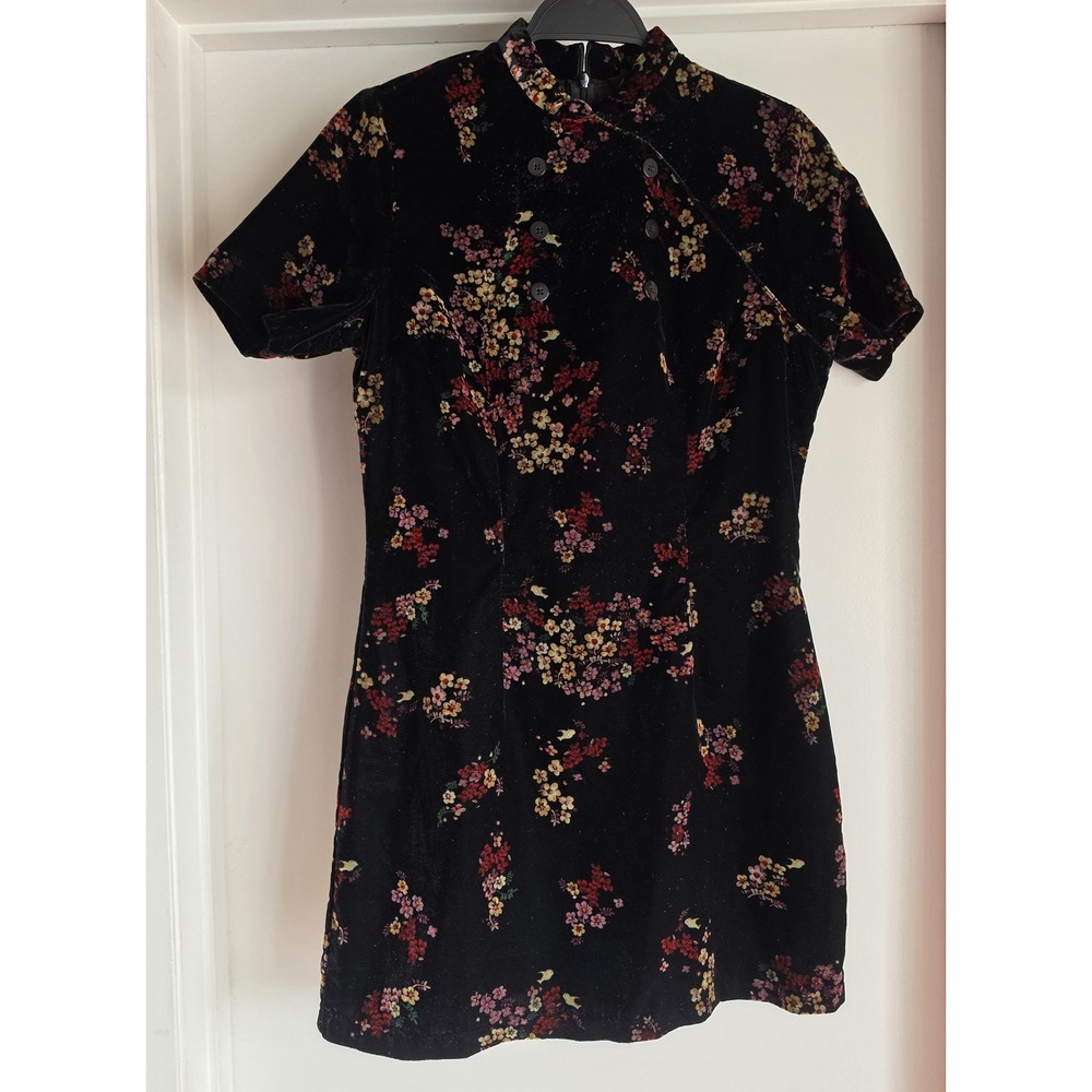 OBEY Women S Black Floral Collared Short Sleeve Shirt Dress Vintage Mini Tunic